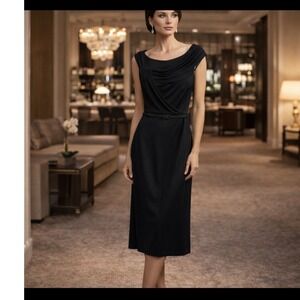 David Meister Black Draped Cowl Cocktail Dress Size 2‎ Evening Belted Luxury LBD